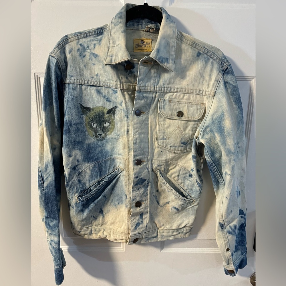 VTG 50s WRANGLER BLUE BELL DENIM SANFORIZED JACKET 34 Tie Dyed Hand Painted Cat
